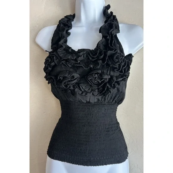 Vintage Y2K Poetry Ruffle Halter Smocked Tank Top L Black Grunge Gothic READ - Picture 3 of 11